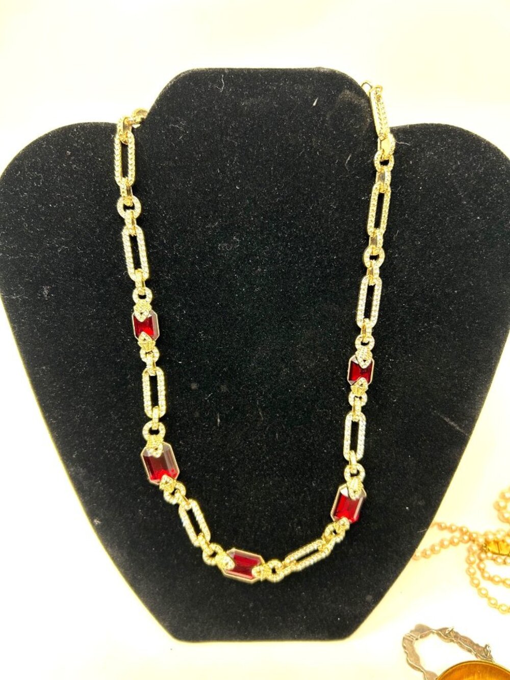 Lauren Ralph Lauren Gold Tone Chain Necklace with CZ and Red Garnet Crystal Ston
